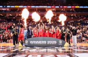 The Leicester Riders triumphed 105-74 over the Newcastle Eagles in the SLB Play-offs final at the O2 Arena in London.